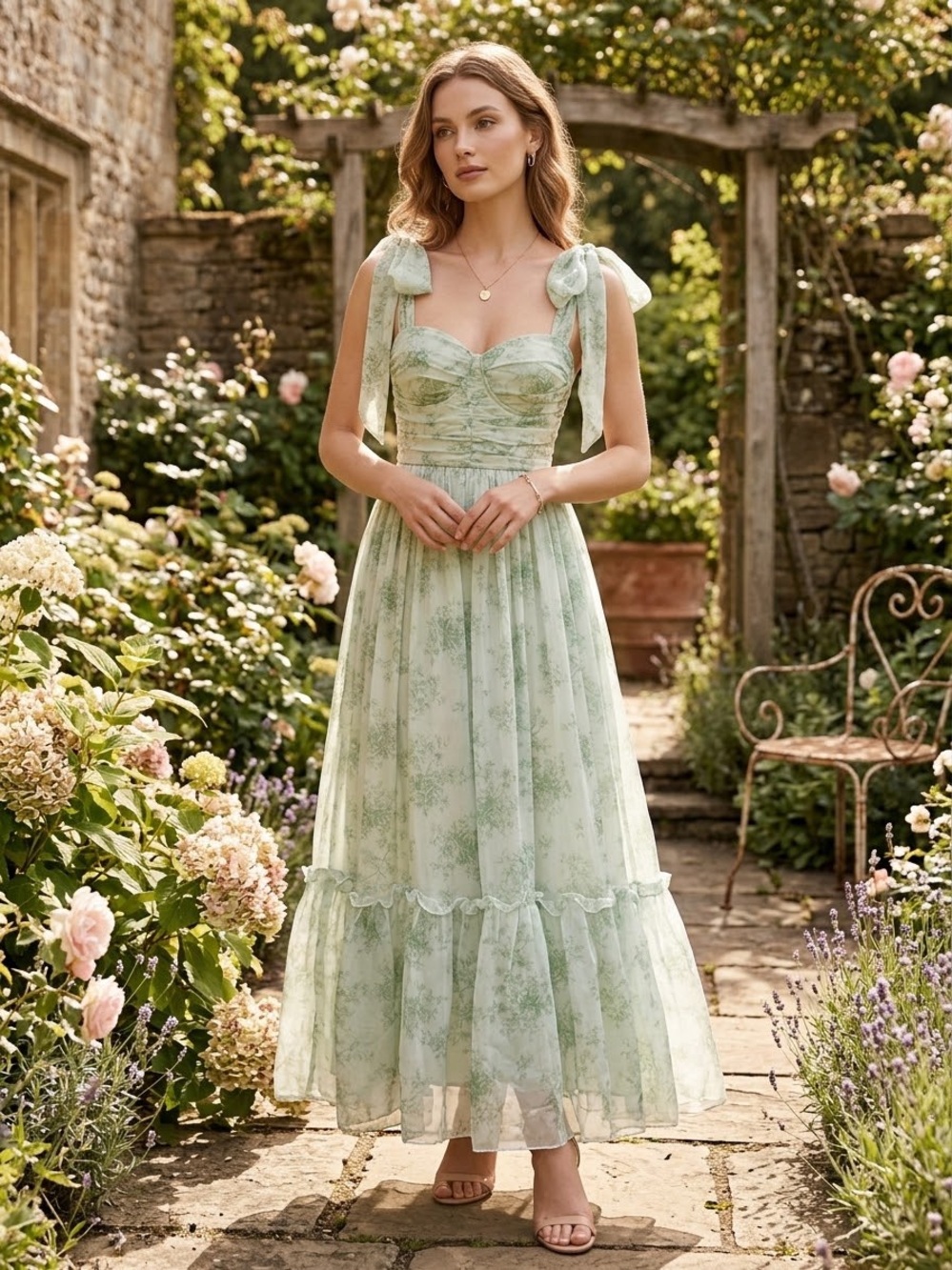 Petal & Pup Light Sage Floral Tie-Shoulder Maxi Dress